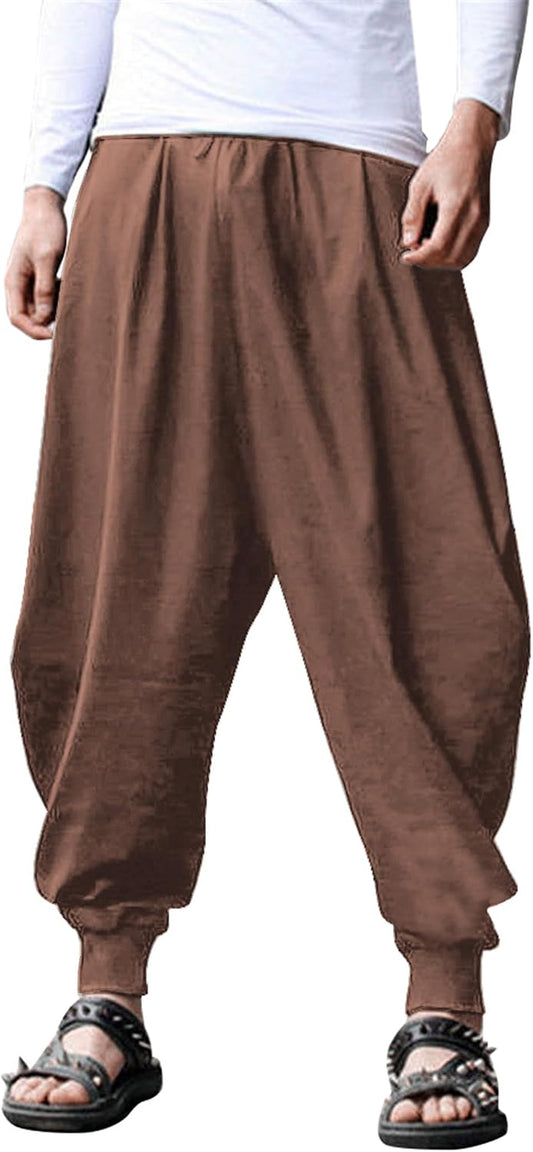 Men Hippie Harem Pants Baggy Linen Cotton Boho Yoga Pants Summer Beach Pants Casual Drop Crotch Trouser