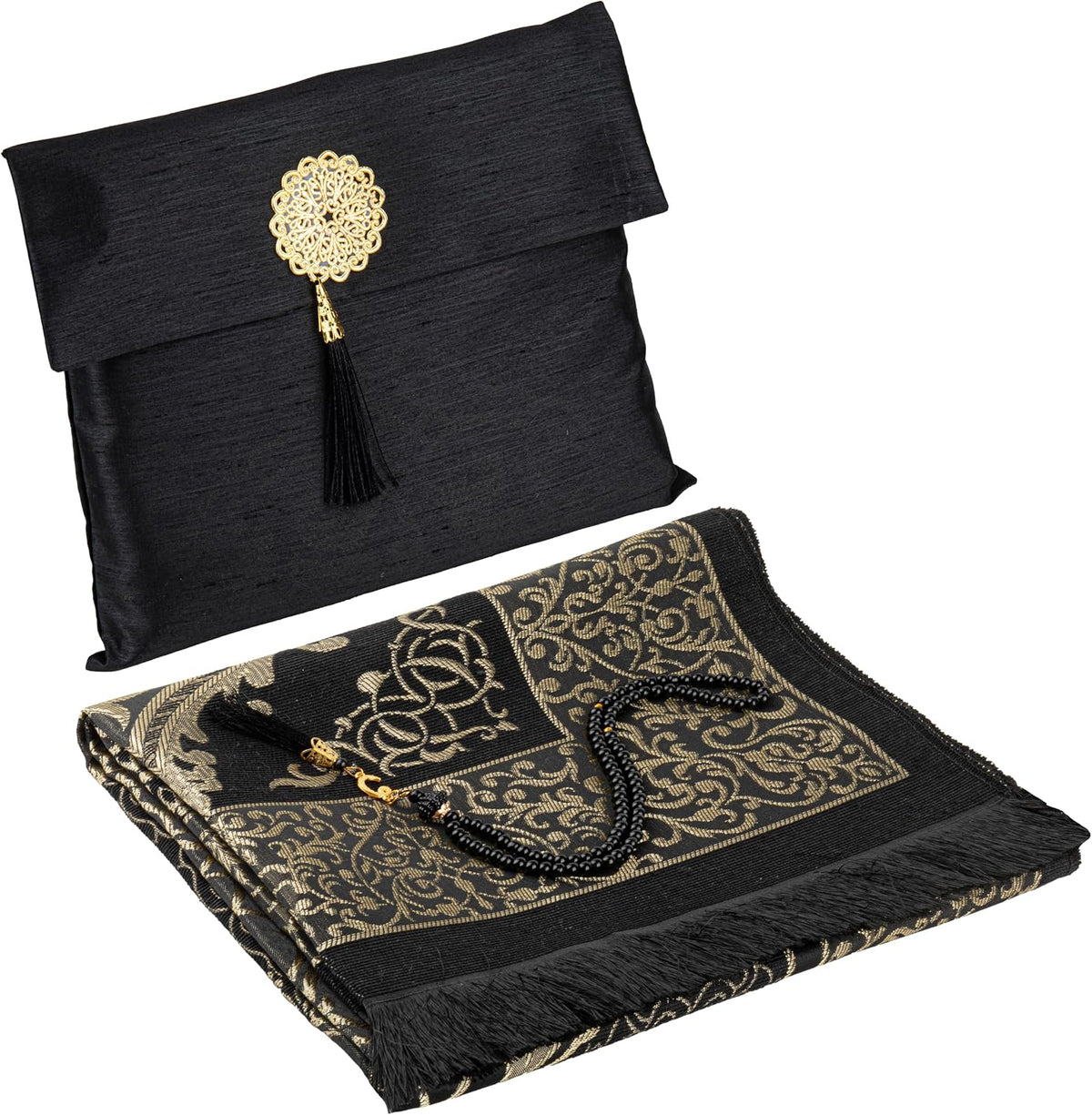 Islamic Prayer Mat Muslim Gifts - Thin Travel Muslim Prayer Rug in Taffeta Gift Bag with Tasbih Beads Prayer Matt Islam - Chenille Turkish Praying Carpet - Ramadan Gifts (Black)