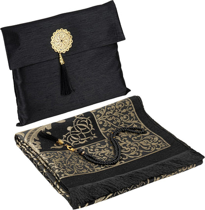 Islamic Prayer Mat Muslim Gifts - Thin Travel Muslim Prayer Rug in Taffeta Gift Bag with Tasbih Beads Prayer Matt Islam - Chenille Turkish Praying Carpet - Ramadan Gifts (Black)
