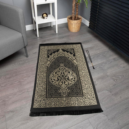 Islamic Prayer Mat Muslim Gifts - Thin Travel Muslim Prayer Rug in Taffeta Gift Bag with Tasbih Beads Prayer Matt Islam - Chenille Turkish Praying Carpet - Ramadan Gifts (Black)