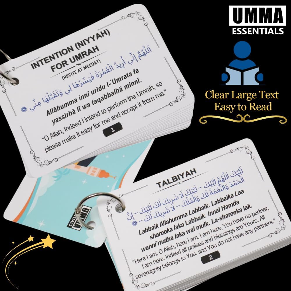 24 Umrah Dua Cards Step-By-Step Guide with Umrah Prayers, Supplications & Bonus Duas, Perfect Islamic Gift for Adults, Unisex, Religious Flashcards