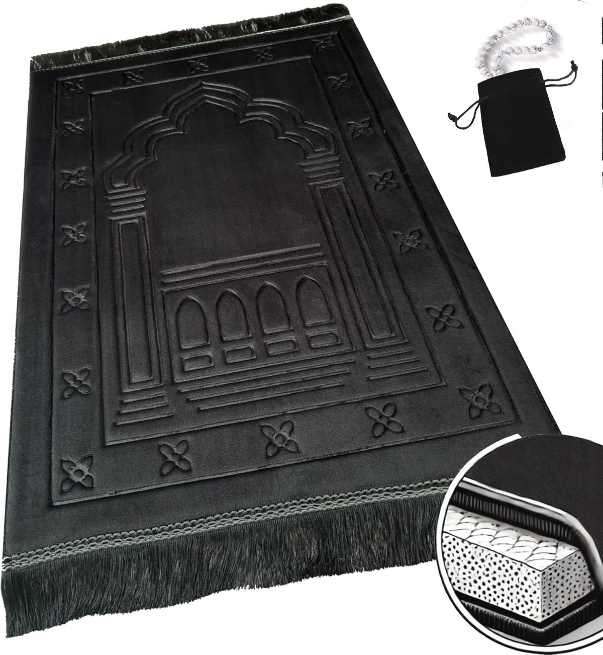 Orthopedic Prayer Rug Memory Foam Muslim Prayer Mat - Padded Very Thick Prayer Rug Sajadah for Men Women for Eid Travel Ramadan, Soft and Luxury (Black) (Black)