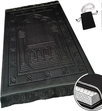 Orthopedic Prayer Rug Memory Foam Muslim Prayer Mat - Padded Very Thick Prayer Rug Sajadah for Men Women for Eid Travel Ramadan, Soft and Luxury (Black) (Black)
