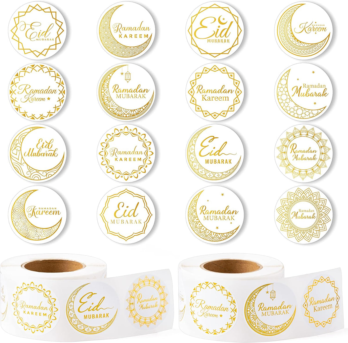 Ramada Eid-Al-Fitr Stickers Rolls - 1000Pcs(2 Rolls)Gold Ramadan Eid Al Fitr Party Moon Pattern round Sticker Roll Gift Tag Label Self-Adhesive Giftwrap Decal Gift Wraping Waterbottle Scrapbook