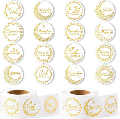 Ramada Eid-Al-Fitr Stickers Rolls - 1000Pcs(2 Rolls)Gold Ramadan Eid Al Fitr Party Moon Pattern round Sticker Roll Gift Tag Label Self-Adhesive Giftwrap Decal Gift Wraping Waterbottle Scrapbook