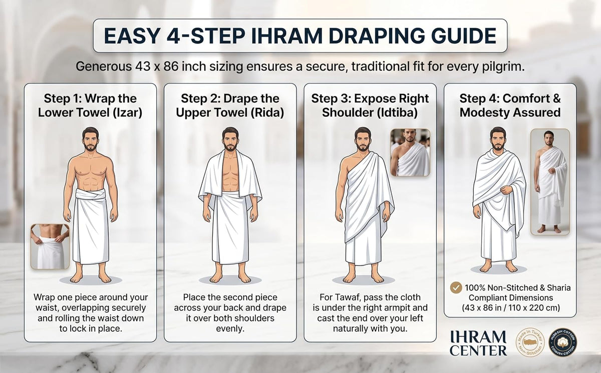 Ihram for Umrah Men, Hajj and Umrah Ihram for Men,100% Cotton Set 2-Piece, Breathable Washable Quick Drying, Soft Non-Stitched 43 X 86 Inch - 110 X 220Cm Ehram Ahram