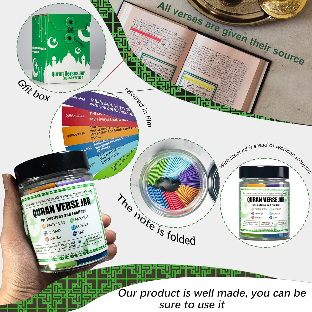Quran Verse Jar for Spiritual Comfort, Islamic Gifts for Women Men Kids Muslim Friends, Ramadan Decorations, Ramadan Eid Gifts,Quran Prayers & Gratitude Verses in English, Islamic Decor