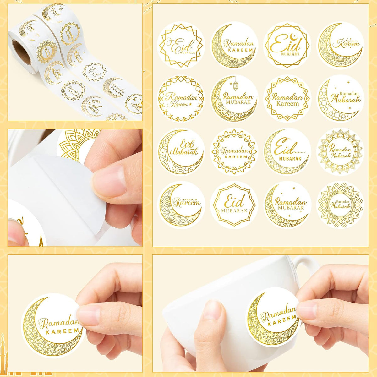 Ramada Eid-Al-Fitr Stickers Rolls - 1000Pcs(2 Rolls)Gold Ramadan Eid Al Fitr Party Moon Pattern round Sticker Roll Gift Tag Label Self-Adhesive Giftwrap Decal Gift Wraping Waterbottle Scrapbook