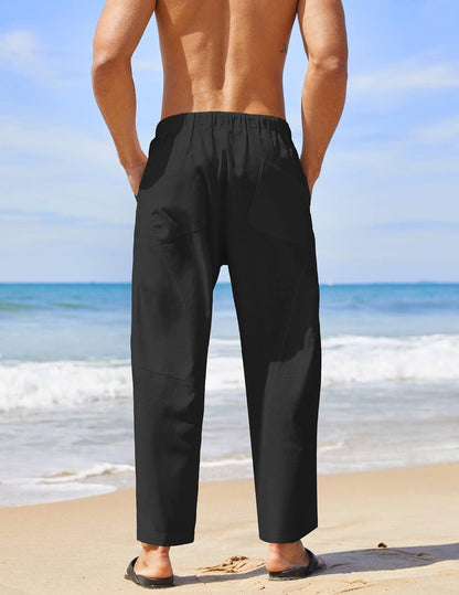 Men'S Linen Harem Drawstring Pants Casual Elastic Waist Lightweight Trouser Hippie Summer Beach Yoga Pants