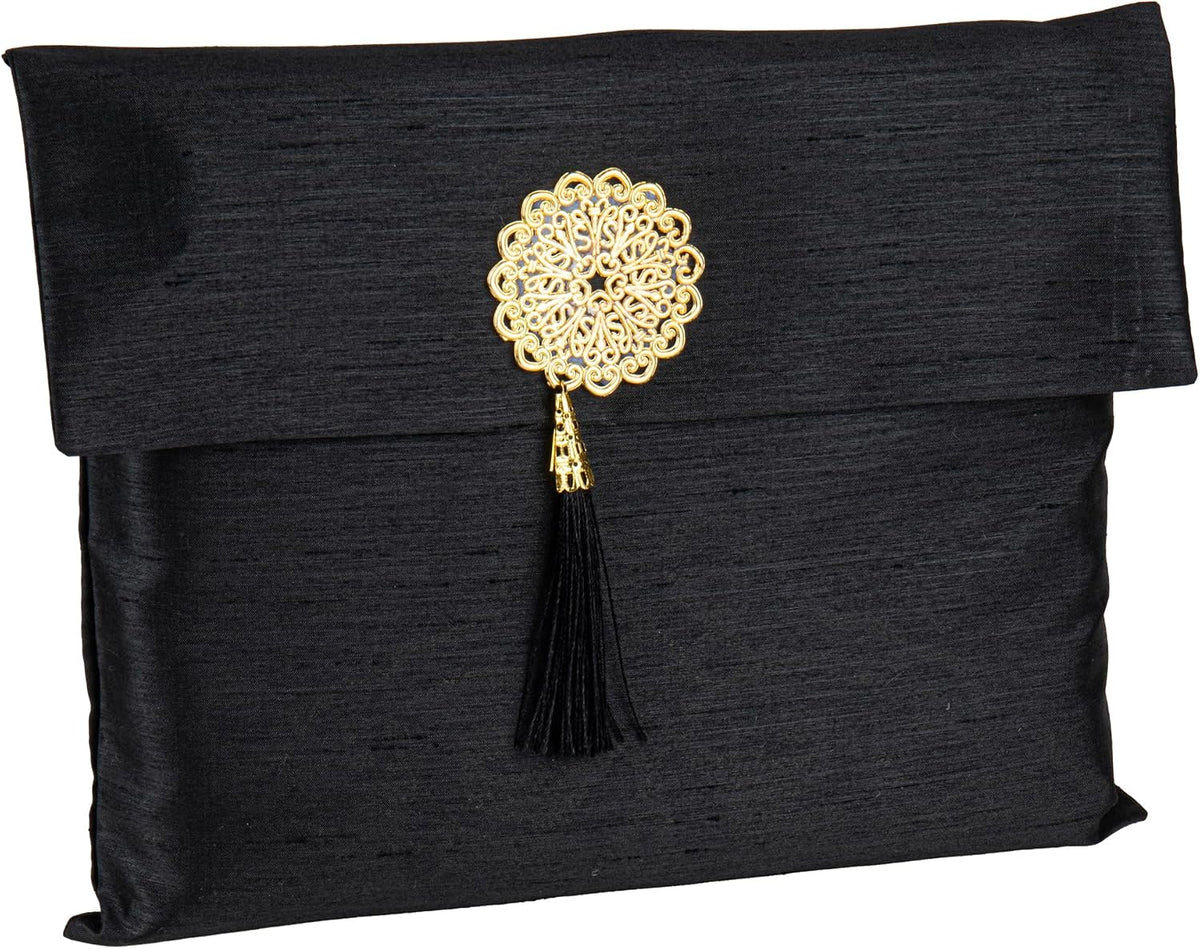 Islamic Prayer Mat Muslim Gifts - Thin Travel Muslim Prayer Rug in Taffeta Gift Bag with Tasbih Beads Prayer Matt Islam - Chenille Turkish Praying Carpet - Ramadan Gifts (Black)