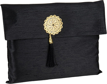 Islamic Prayer Mat Muslim Gifts - Thin Travel Muslim Prayer Rug in Taffeta Gift Bag with Tasbih Beads Prayer Matt Islam - Chenille Turkish Praying Carpet - Ramadan Gifts (Black)