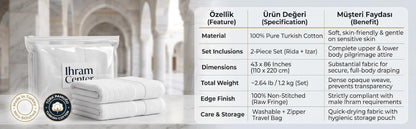 Ihram for Umrah Men, Hajj and Umrah Ihram for Men,100% Cotton Set 2-Piece, Breathable Washable Quick Drying, Soft Non-Stitched 43 X 86 Inch - 110 X 220Cm Ehram Ahram