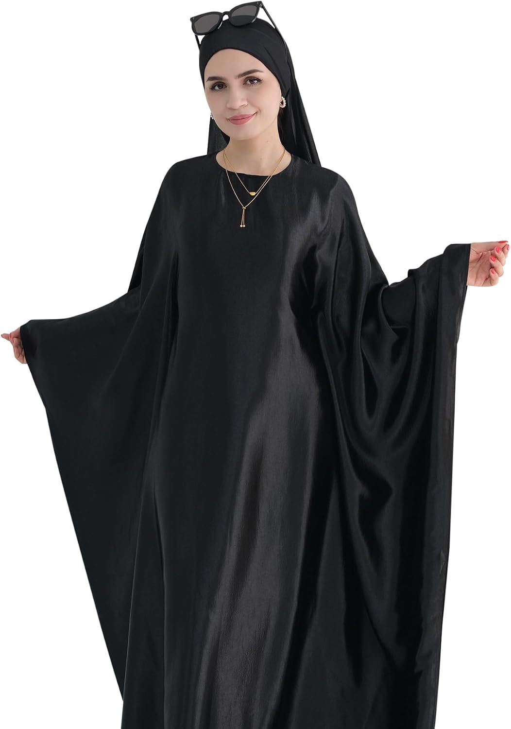 Abaya Muslim Dress Women Satin Prayer Dress Batwing Long Sleeve Middle East Arabian Robe with Hijab