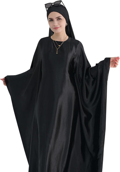 Abaya Muslim Dress Women Satin Prayer Dress Batwing Long Sleeve Middle East Arabian Robe with Hijab
