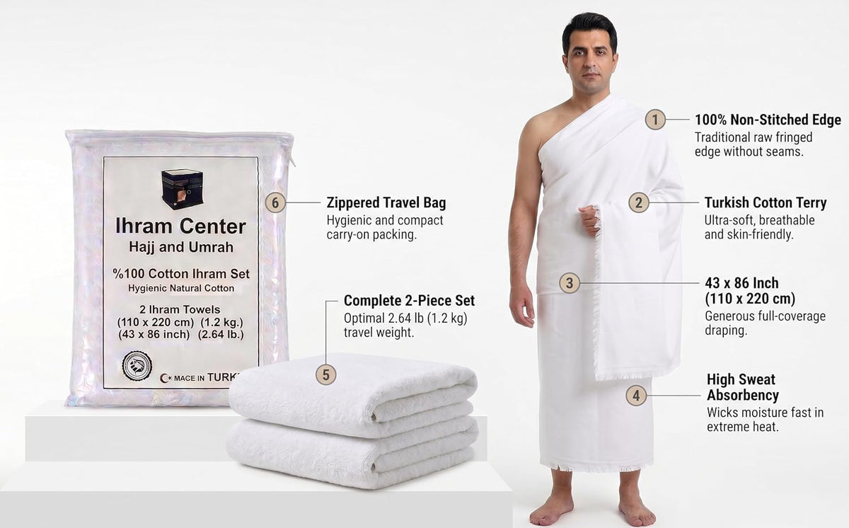 Ihram for Umrah Men, Hajj and Umrah Ihram for Men,100% Cotton Set 2-Piece, Breathable Washable Quick Drying, Soft Non-Stitched 43 X 86 Inch - 110 X 220Cm Ehram Ahram