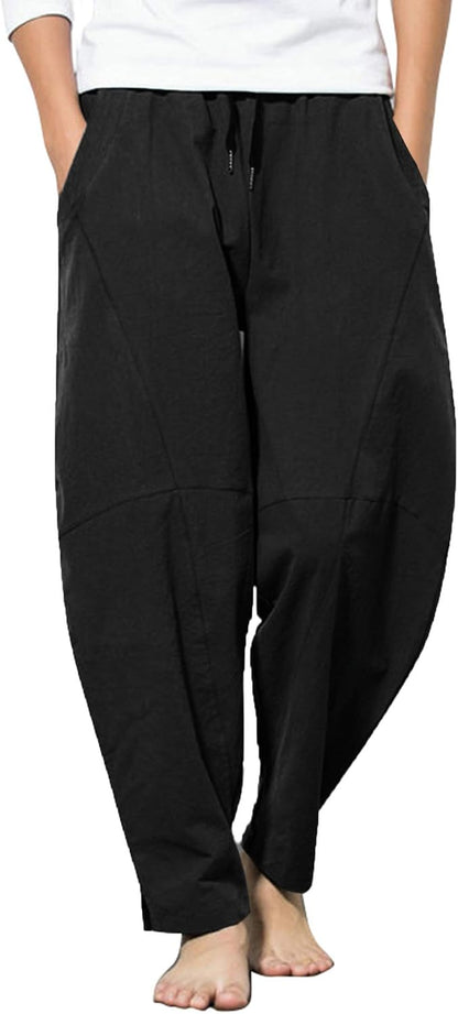 Men'S Linen Harem Drawstring Pants Casual Elastic Waist Lightweight Trouser Hippie Summer Beach Yoga Pants