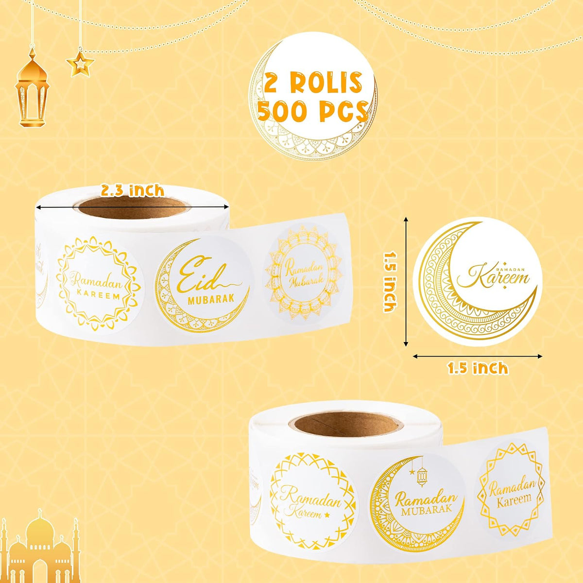 Ramada Eid-Al-Fitr Stickers Rolls - 1000Pcs(2 Rolls)Gold Ramadan Eid Al Fitr Party Moon Pattern round Sticker Roll Gift Tag Label Self-Adhesive Giftwrap Decal Gift Wraping Waterbottle Scrapbook
