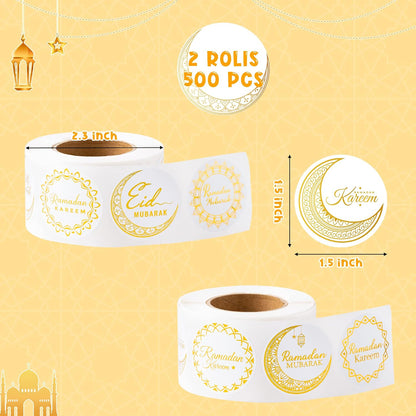 Ramada Eid-Al-Fitr Stickers Rolls - 1000Pcs(2 Rolls)Gold Ramadan Eid Al Fitr Party Moon Pattern round Sticker Roll Gift Tag Label Self-Adhesive Giftwrap Decal Gift Wraping Waterbottle Scrapbook