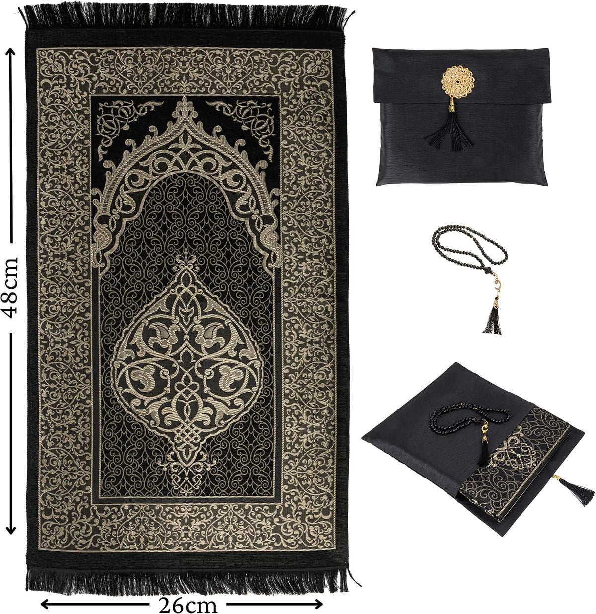 Islamic Prayer Mat Muslim Gifts - Thin Travel Muslim Prayer Rug in Taffeta Gift Bag with Tasbih Beads Prayer Matt Islam - Chenille Turkish Praying Carpet - Ramadan Gifts (Black)