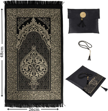 Islamic Prayer Mat Muslim Gifts - Thin Travel Muslim Prayer Rug in Taffeta Gift Bag with Tasbih Beads Prayer Matt Islam - Chenille Turkish Praying Carpet - Ramadan Gifts (Black)