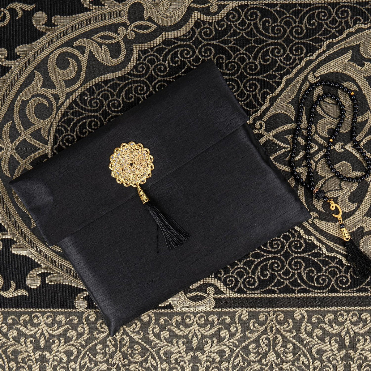 Islamic Prayer Mat Muslim Gifts - Thin Travel Muslim Prayer Rug in Taffeta Gift Bag with Tasbih Beads Prayer Matt Islam - Chenille Turkish Praying Carpet - Ramadan Gifts (Black)