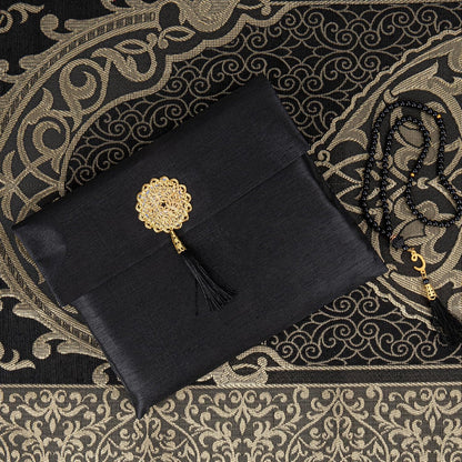 Islamic Prayer Mat Muslim Gifts - Thin Travel Muslim Prayer Rug in Taffeta Gift Bag with Tasbih Beads Prayer Matt Islam - Chenille Turkish Praying Carpet - Ramadan Gifts (Black)