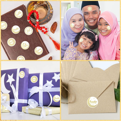 Ramada Eid-Al-Fitr Stickers Rolls - 1000Pcs(2 Rolls)Gold Ramadan Eid Al Fitr Party Moon Pattern round Sticker Roll Gift Tag Label Self-Adhesive Giftwrap Decal Gift Wraping Waterbottle Scrapbook