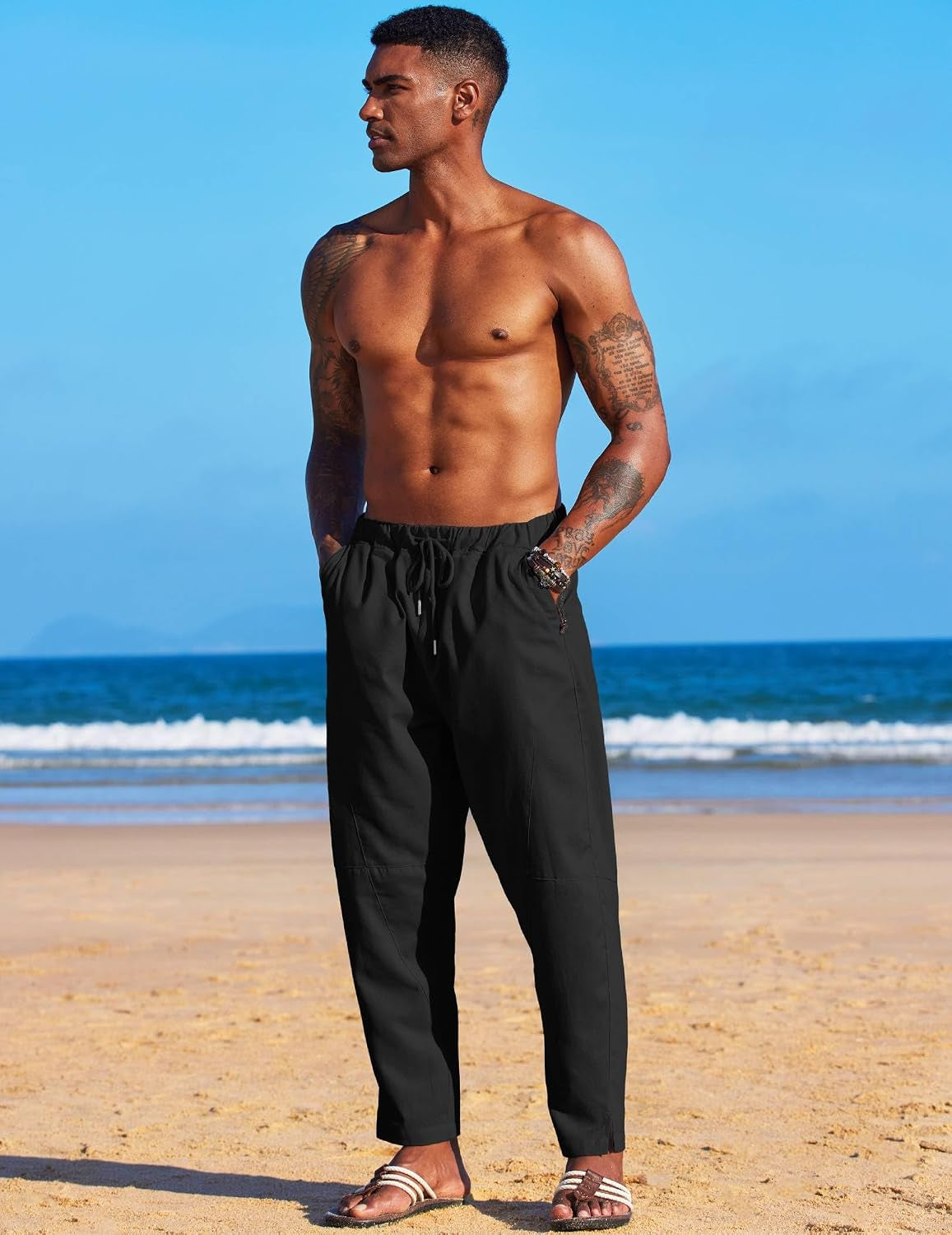 Men'S Linen Harem Drawstring Pants Casual Elastic Waist Lightweight Trouser Hippie Summer Beach Yoga Pants