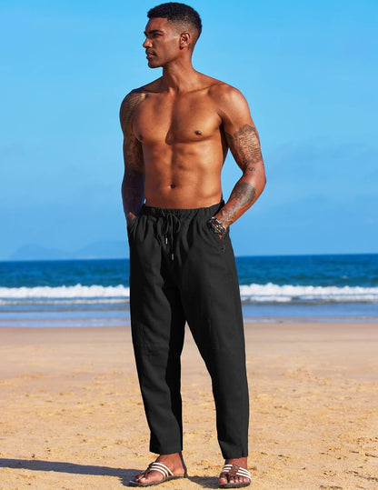Men'S Linen Harem Drawstring Pants Casual Elastic Waist Lightweight Trouser Hippie Summer Beach Yoga Pants