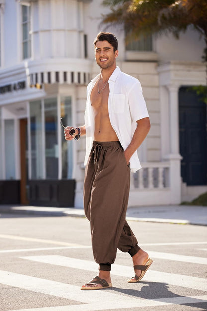 Men Hippie Harem Pants Baggy Linen Cotton Boho Yoga Pants Summer Beach Pants Casual Drop Crotch Trouser