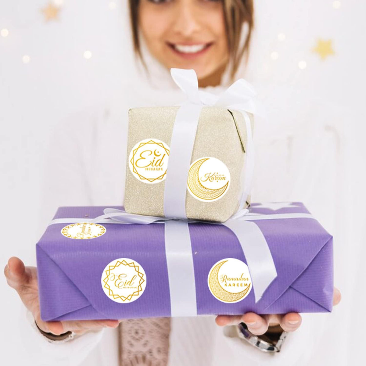 Ramada Eid-Al-Fitr Stickers Rolls - 1000Pcs(2 Rolls)Gold Ramadan Eid Al Fitr Party Moon Pattern round Sticker Roll Gift Tag Label Self-Adhesive Giftwrap Decal Gift Wraping Waterbottle Scrapbook