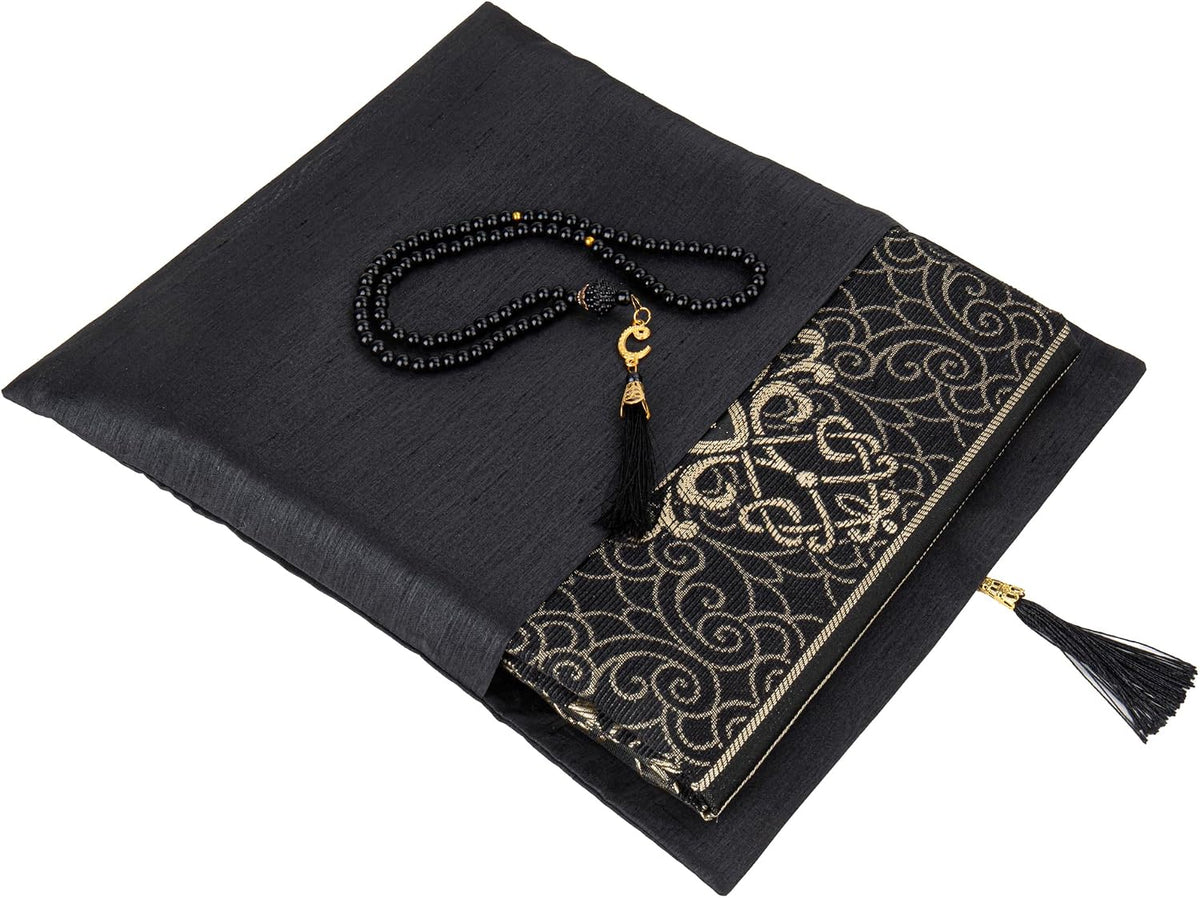 Islamic Prayer Mat Muslim Gifts - Thin Travel Muslim Prayer Rug in Taffeta Gift Bag with Tasbih Beads Prayer Matt Islam - Chenille Turkish Praying Carpet - Ramadan Gifts (Black)
