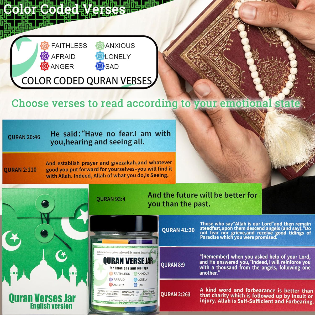 Quran Verse Jar for Spiritual Comfort, Islamic Gifts for Women Men Kids Muslim Friends, Ramadan Decorations, Ramadan Eid Gifts,Quran Prayers & Gratitude Verses in English, Islamic Decor