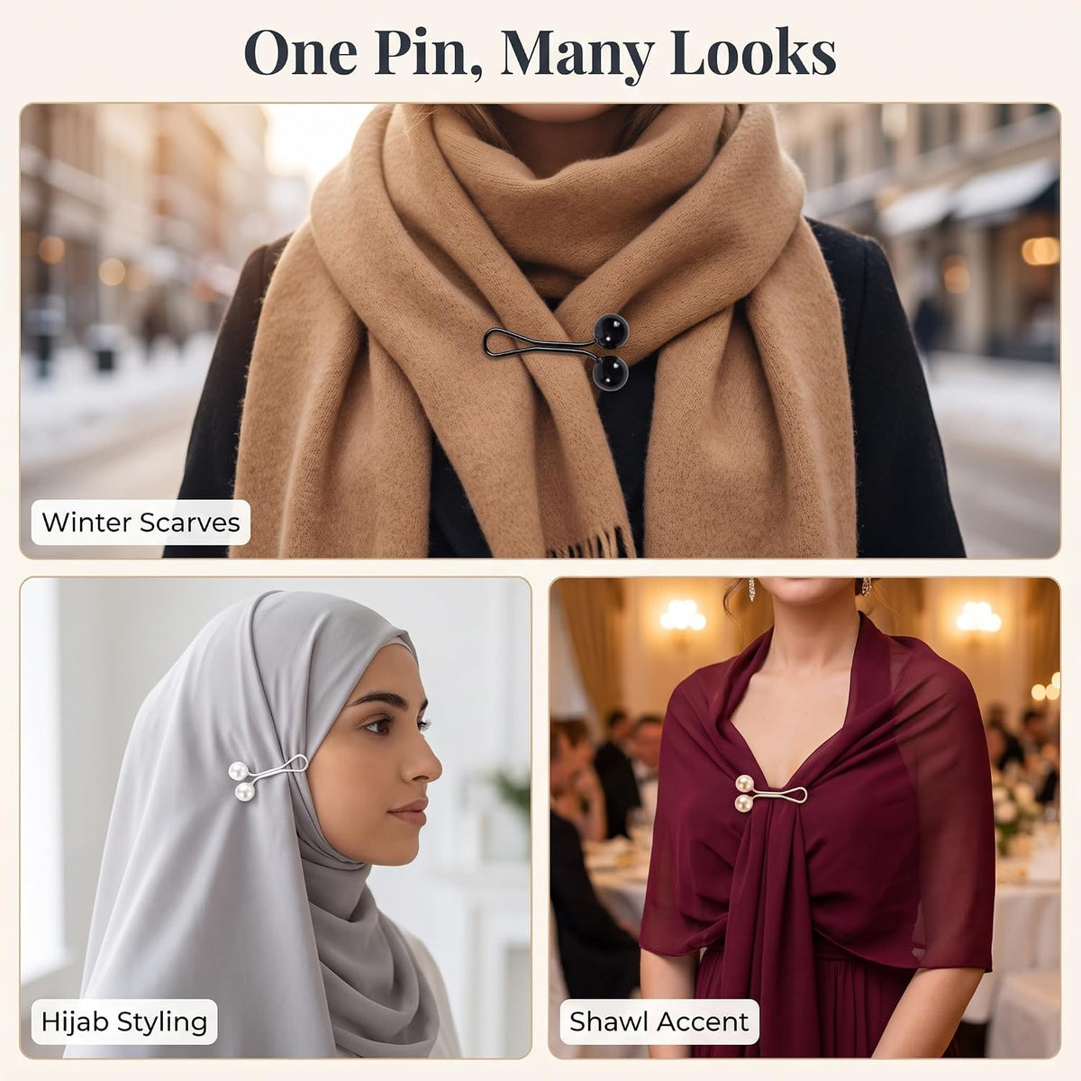 12Pcs Multicolor Headscarf Pearl Pins Clips U Shape Hijab Scarf Lady Muslim Scarf Shawl Clips Scarf Brooches Pin Jewelry Accessories(White and Gold and Black)