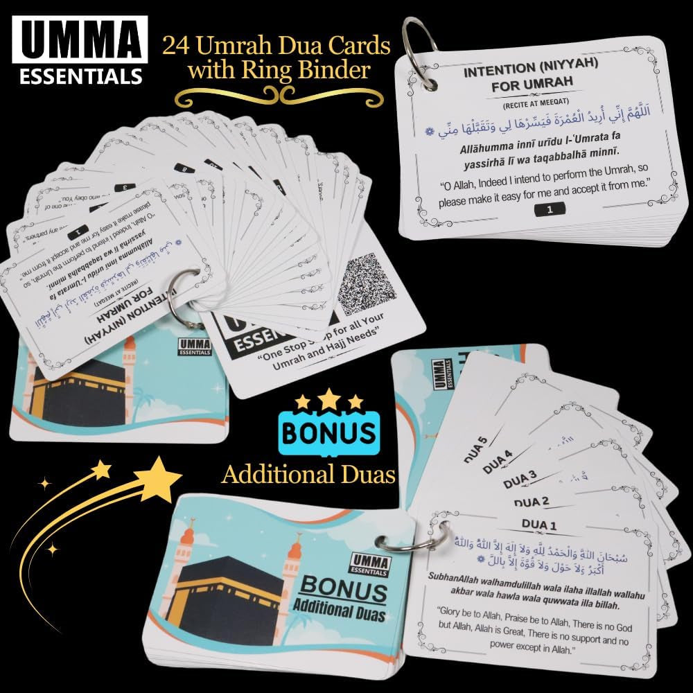 24 Umrah Dua Cards Step-By-Step Guide with Umrah Prayers, Supplications & Bonus Duas, Perfect Islamic Gift for Adults, Unisex, Religious Flashcards