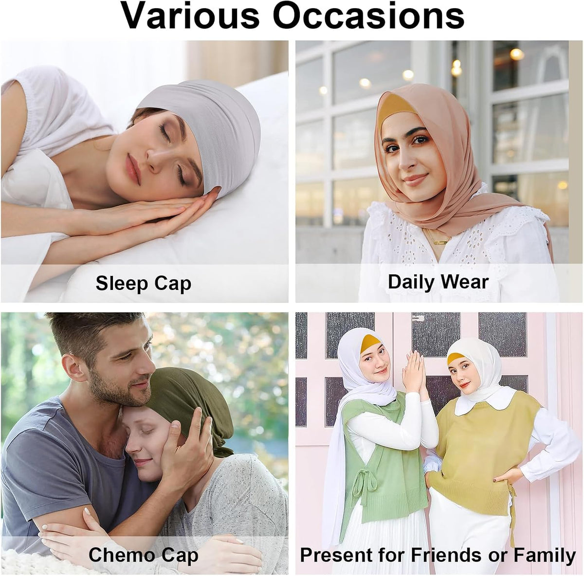 4 Pcs Women Hijab Undercap, Islamic Muslim under Hijab Cap Inner under Scarf Hat Turban with Tie Back Closure
