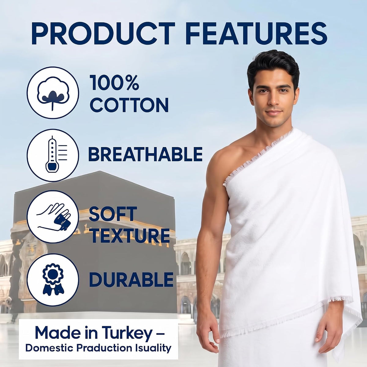 Ihram for Umrah Men, Hajj and Umrah Ihram for Men,100% Cotton Set 2-Piece, Breathable Washable Quick Drying, Soft Non-Stitched 43 X 86 Inch - 110 X 220Cm Ehram Ahram