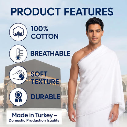 Ihram for Umrah Men, Hajj and Umrah Ihram for Men,100% Cotton Set 2-Piece, Breathable Washable Quick Drying, Soft Non-Stitched 43 X 86 Inch - 110 X 220Cm Ehram Ahram
