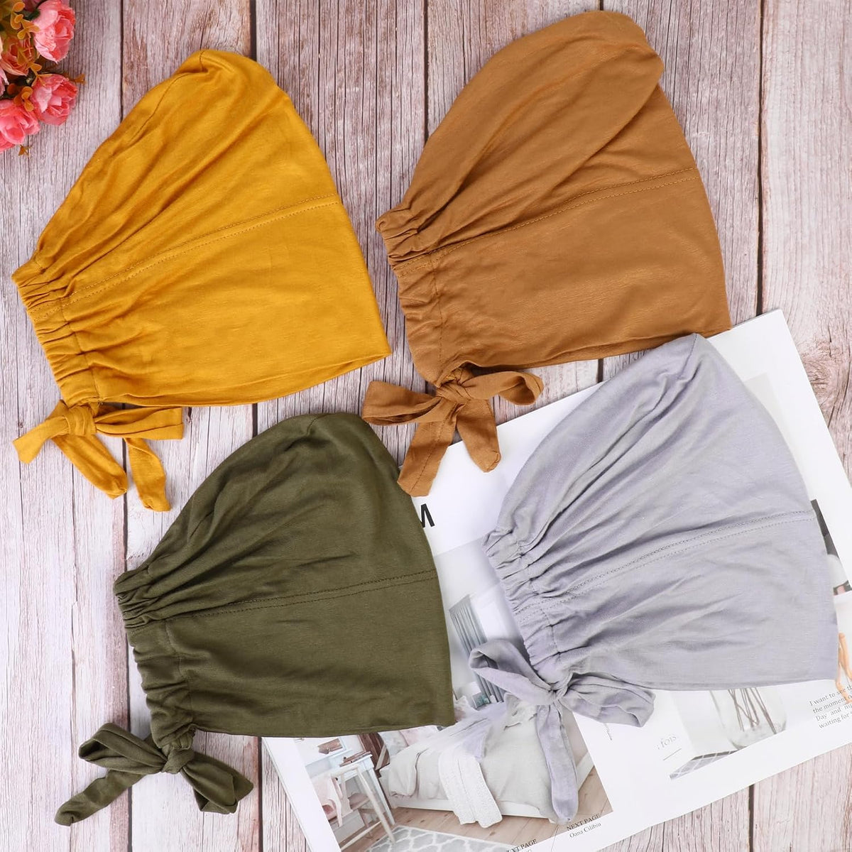 4 Pcs Women Hijab Undercap, Islamic Muslim under Hijab Cap Inner under Scarf Hat Turban with Tie Back Closure