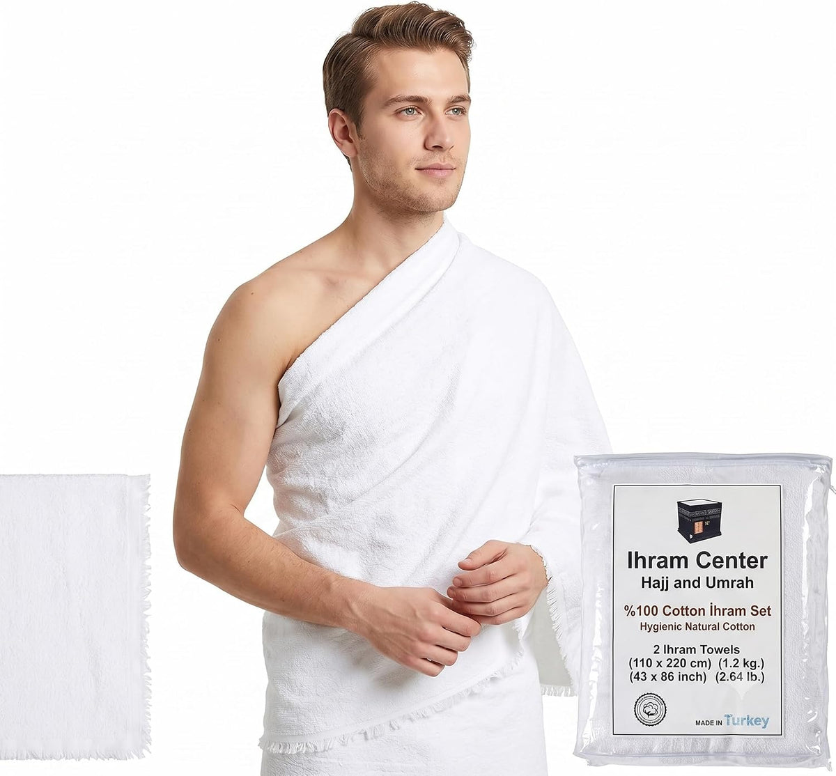 Ihram for Umrah Men, Hajj and Umrah Ihram for Men,100% Cotton Set 2-Piece, Breathable Washable Quick Drying, Soft Non-Stitched 43 X 86 Inch - 110 X 220Cm Ehram Ahram