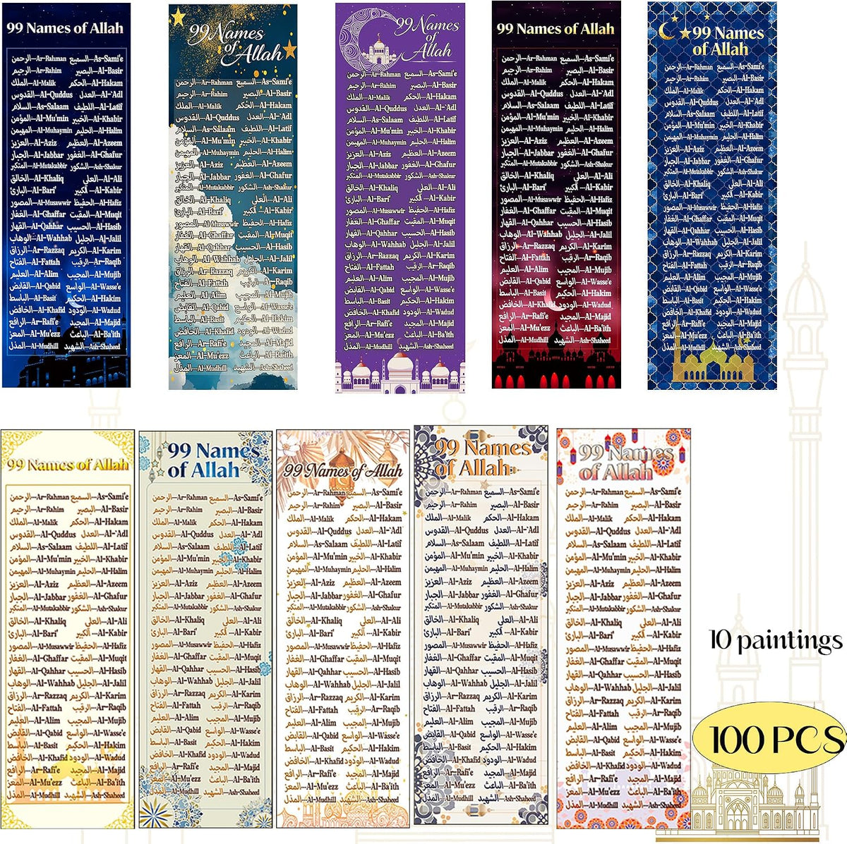 100 Pcs Colorful 99 Names of Allah Bookmark Arabic English Islamic Bookmarks Reflecting on the Names of Allah Ramadan Eid Gifts Bulk Quran Muslim Islamic Arabic Gifts for Women Men Quran Learning