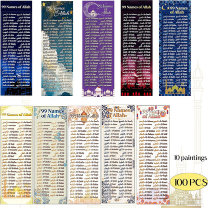 100 Pcs Colorful 99 Names of Allah Bookmark Arabic English Islamic Bookmarks Reflecting on the Names of Allah Ramadan Eid Gifts Bulk Quran Muslim Islamic Arabic Gifts for Women Men Quran Learning
