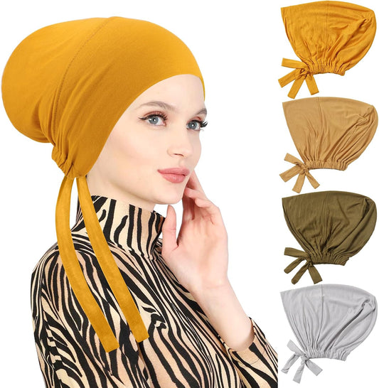 4 Pcs Women Hijab Undercap, Islamic Muslim under Hijab Cap Inner under Scarf Hat Turban with Tie Back Closure
