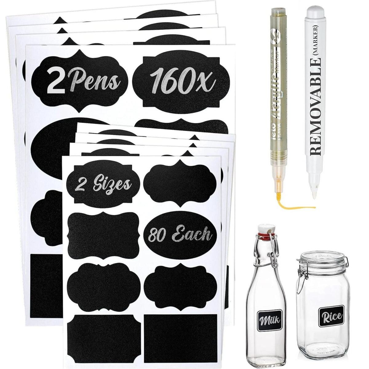 160 Reusable Chalkboard Jar Labels - Pantry & Kitchen Mason Jar Set + 2 Chalk Markers