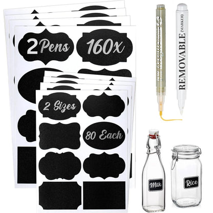 160 Reusable Chalkboard Jar Labels - Pantry & Kitchen Mason Jar Set + 2 Chalk Markers
